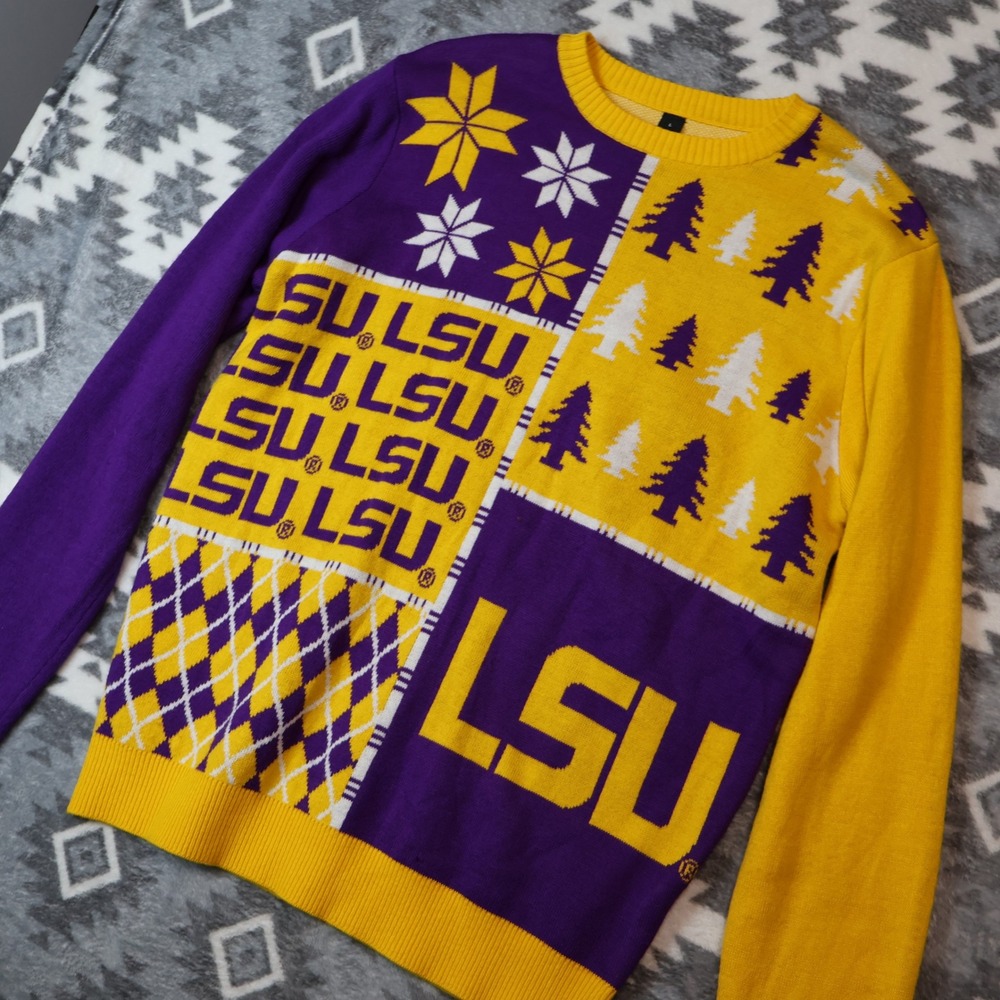 LSU Tigers NCAA Holiday Patchwork Sweater Purple Gold Large F1